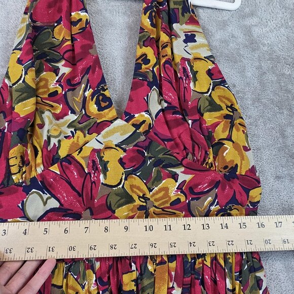 Depeche Mode Dress Womens Size 14 Red Yellow Floral Halter Maxi Rayon Made USA - Picture 7 of 10